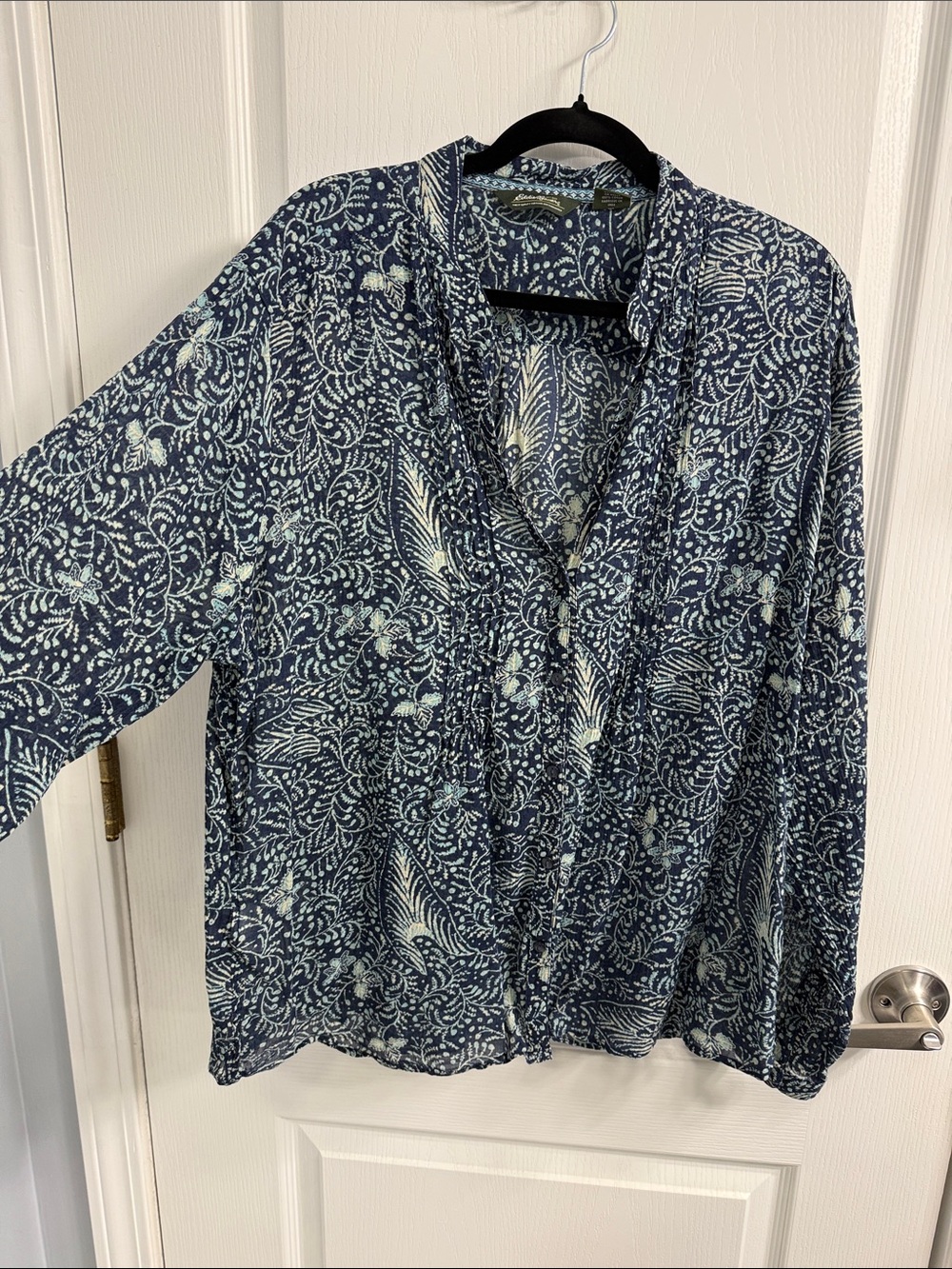 Eddie Bauer Indigo Botanical Split Neck Button-Down Shirt Boho Peasant